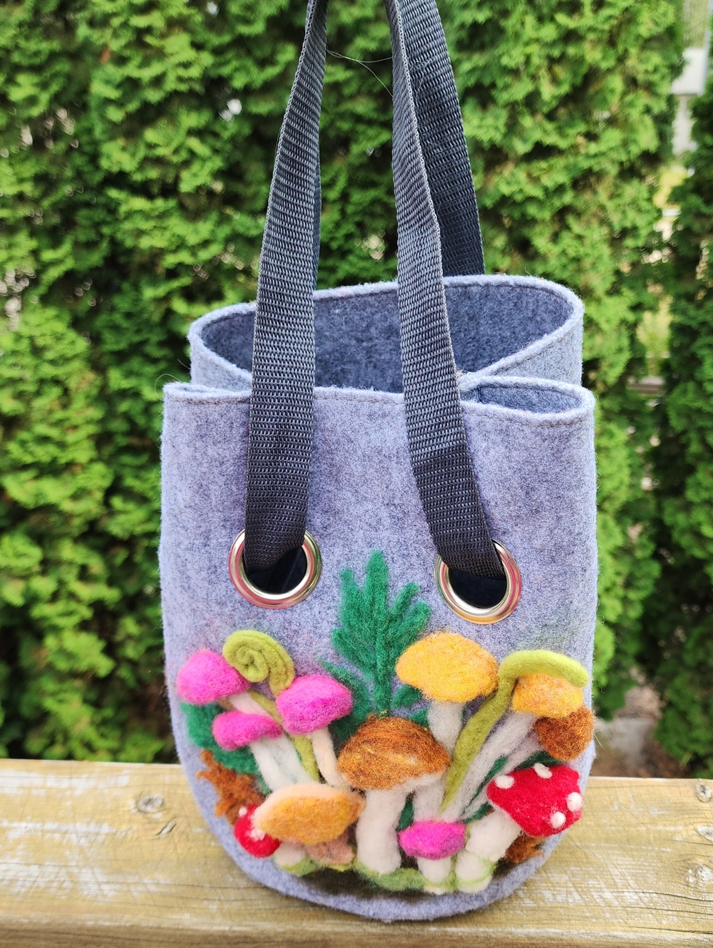 Handmade Gray Felt Mushroom Tote Bag with Colorful Appliqué